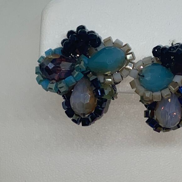 Multi-tone Blue Beaded Rhinestone Earrings - Picture 2 of 6